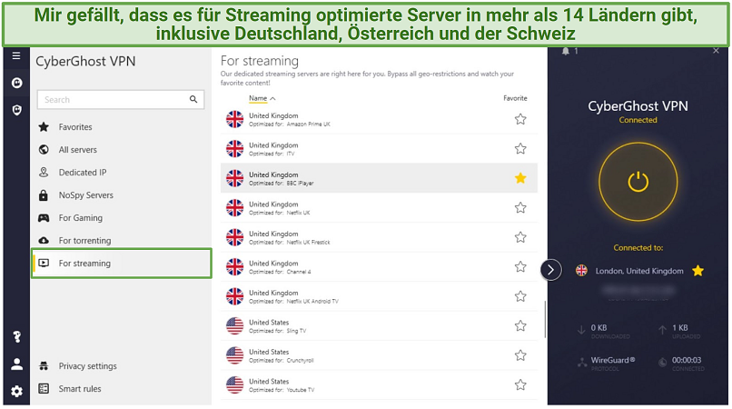 Screenshot of CyberGhost Windows app highlighting the streaming-optimized servers