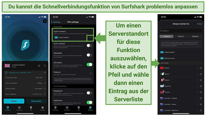 Screenshots of Surfshark's iOS app showing its main screen, the VPN settings menu, the Quick-connect feature, and the server list