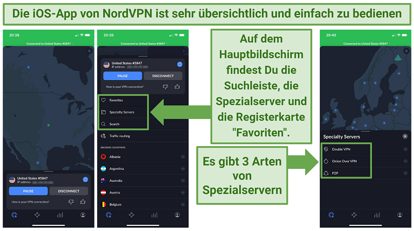 Screenshots of NordVPN's iOS app showing its main screen and the specialty servers