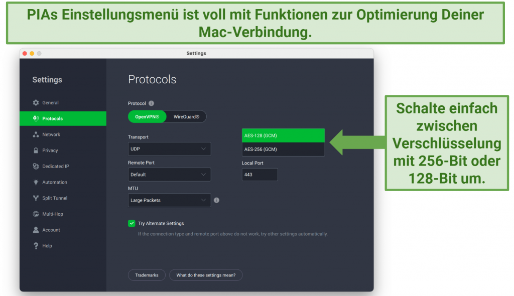 Screenshot showing how to toggle encryption levels on the PIA Settings menu