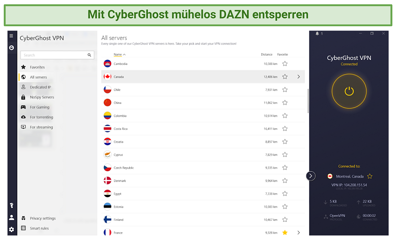 Screenshot of CyberGhost's beginner-friendly interface for unblocking DAZN