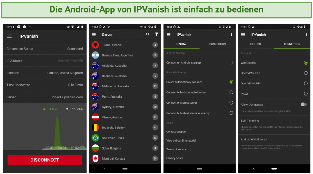 Screenshots showing IPVanish's Android app settings menu and its server list