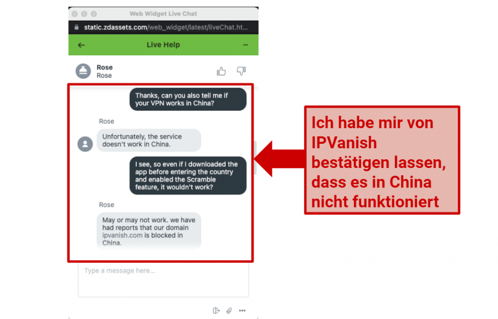 Graphic showing IPvanish chat about China