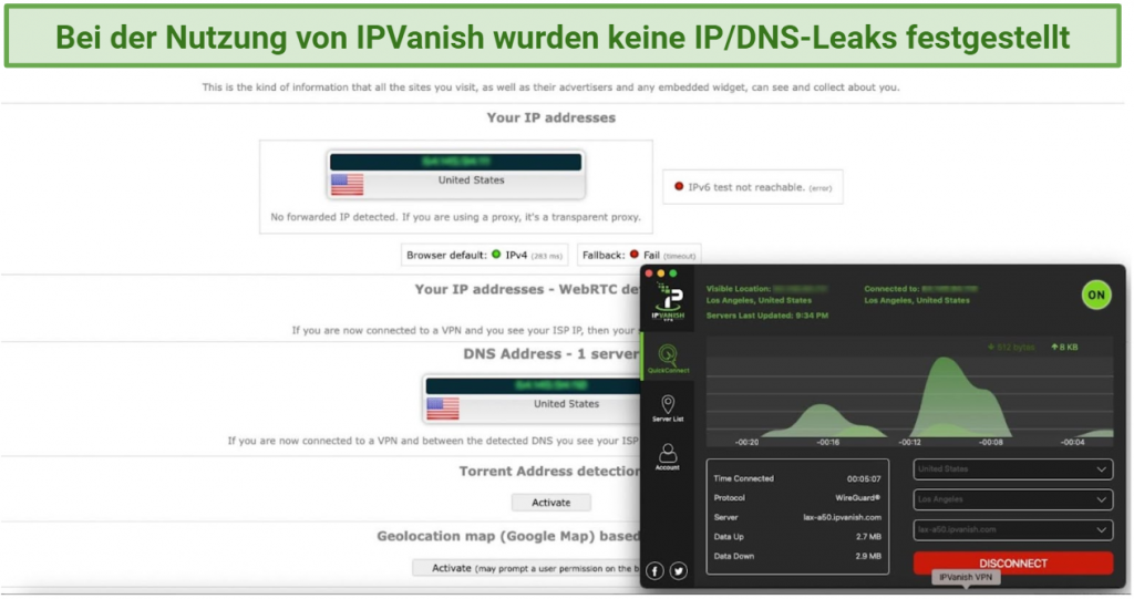 Graphic showing DNS leak test with IPVanish