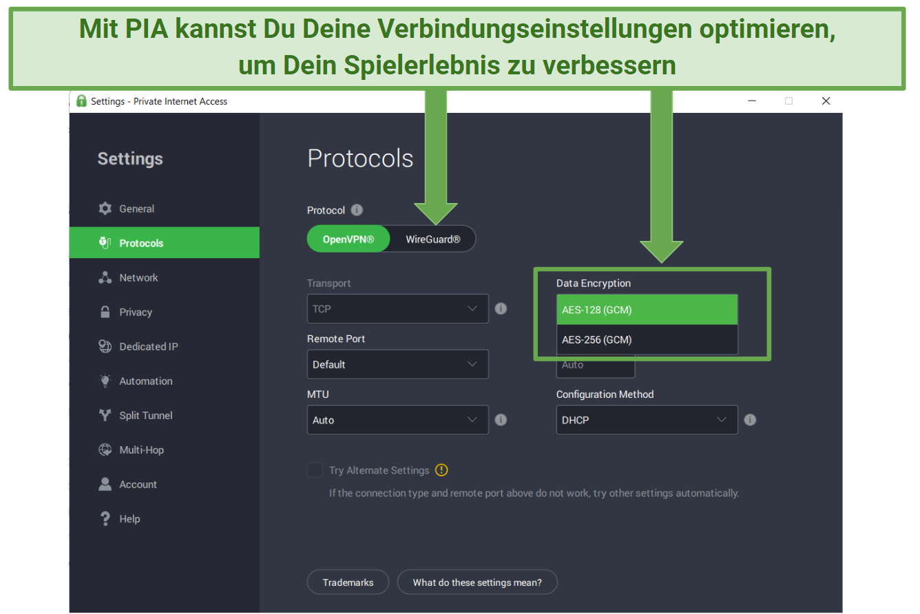 Screenshot of PIA's customizable security settings