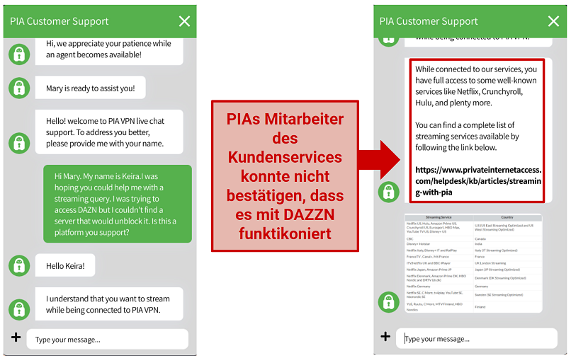 Screenshot of PIA's customer support agent answering a question about streaming