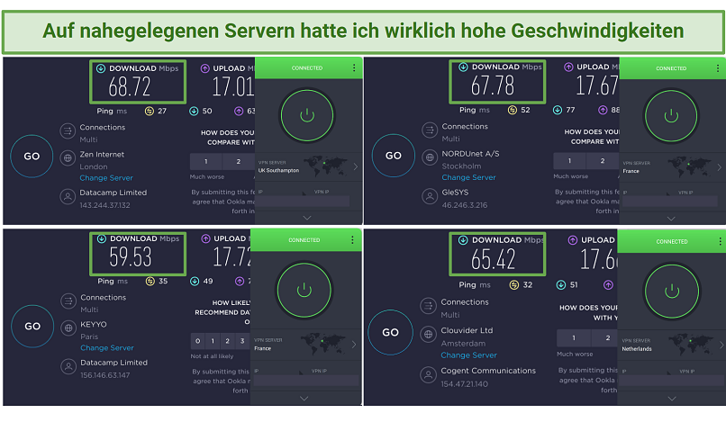 Screenshot of PIA's speeds on close servers