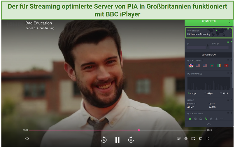 Screenshot of BBC iPlayer streaming Bad Education while connected to PIA