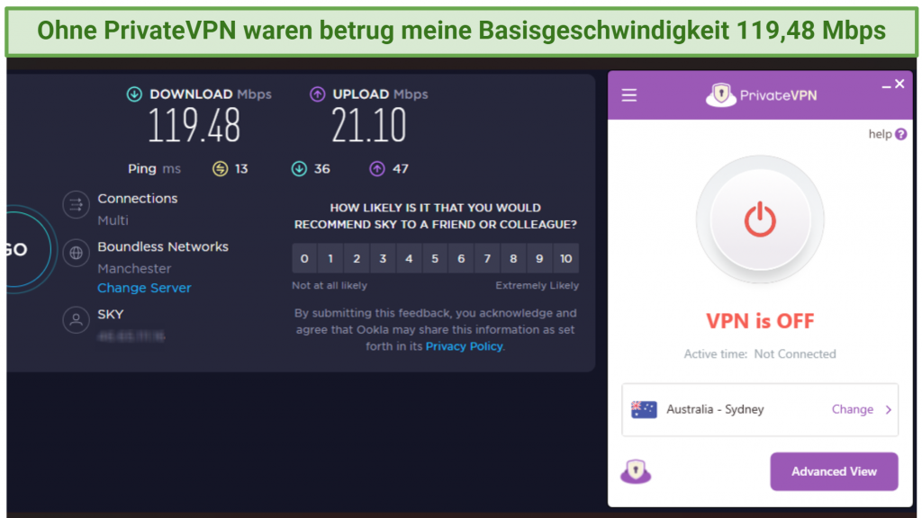 Screenshot showing base speed, with a PrivateVPN app disconnected