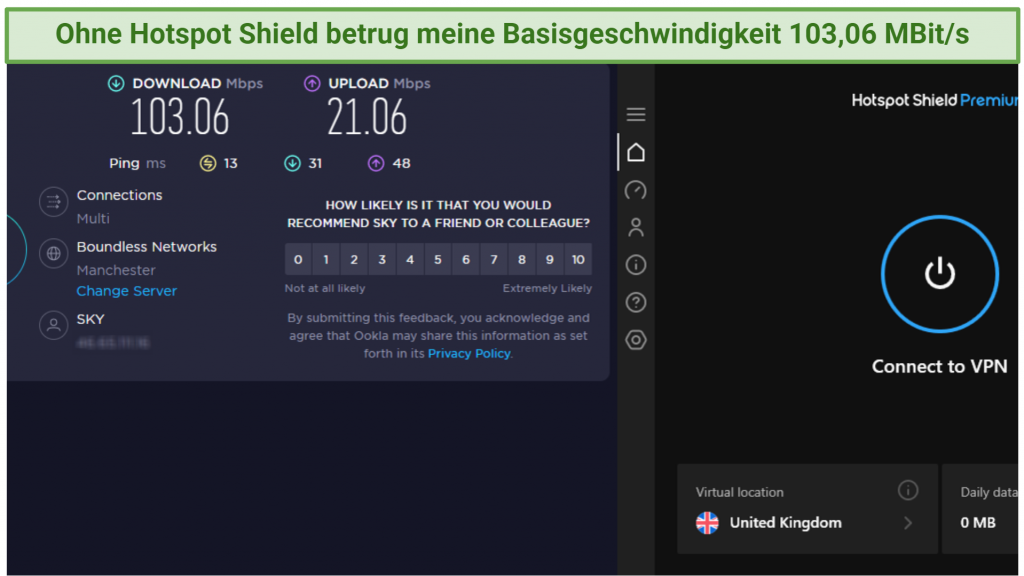 Screenshot showing base speed with Hotspot Shield disconnected