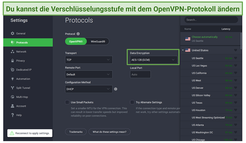 Screenshot of Private Internet Access Protocols menu where you can change encryption levels