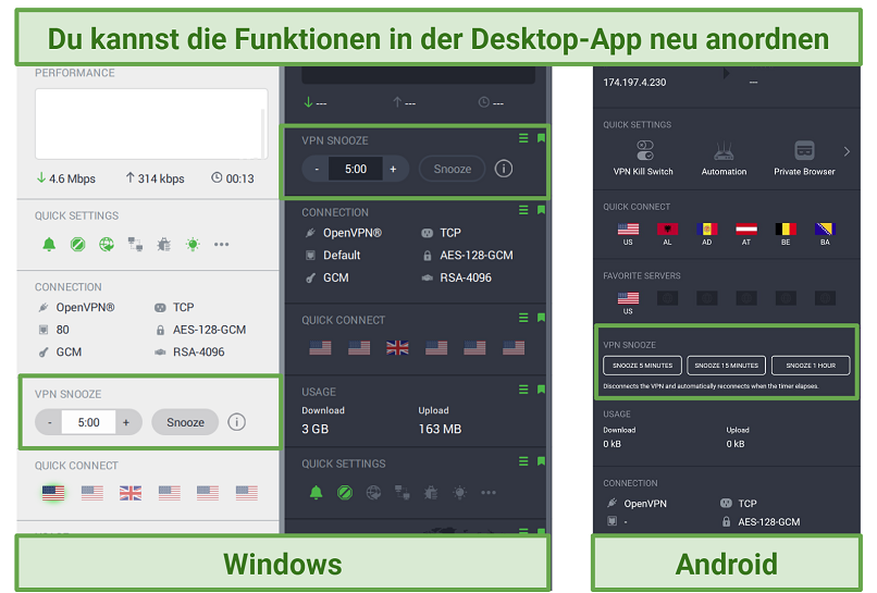 Screenshot of the Private Internet Access app with the snooze feature moved to different positions