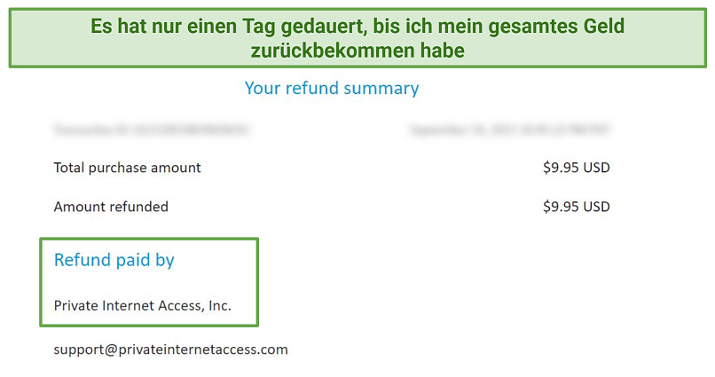 Screenshot of a refund issued by Private Internet Access