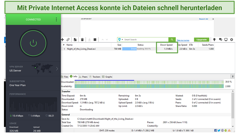 Screenshot of uTorrent downloading Night of the Living Dead while connected to Private Internet Access