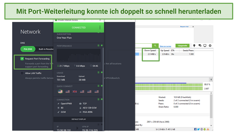 Screenshot of Private Internet Access with port forwarding on while downloading Night of the Living Dead with Utorrent