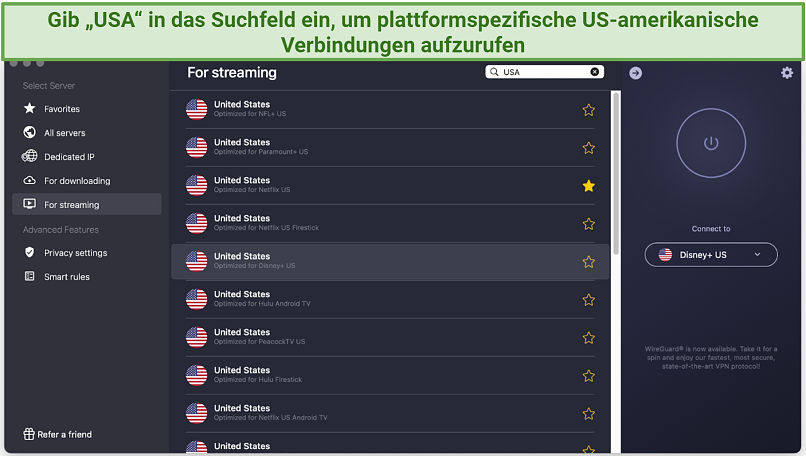 Screenshot showing the US streaming servers on the CyberGhost app