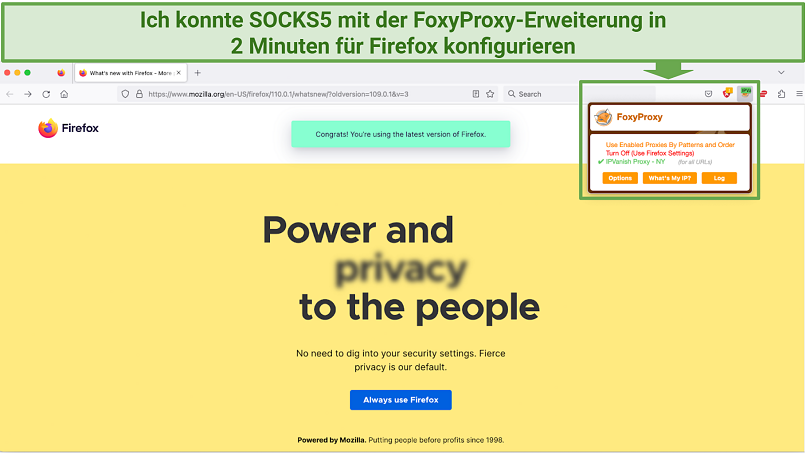 Screenshot showing a Firefox browser connected to a SOCKS5 proxy in New York