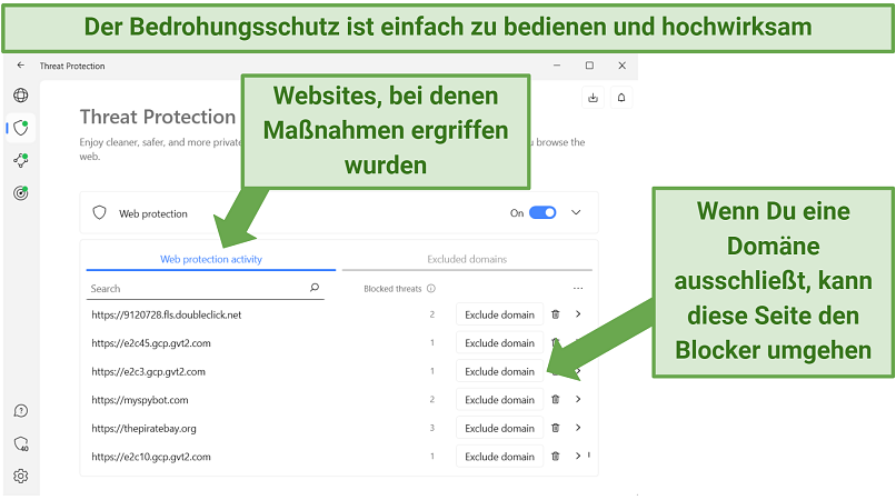 screenshot showing NordVPN's threat protection feature displaying which sites it blocked threats on