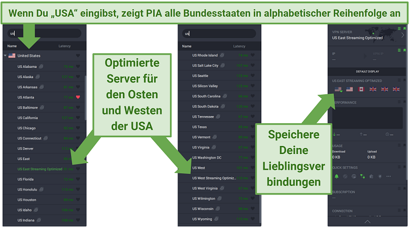 Screenshots of PIA's PC app displaying its US servers