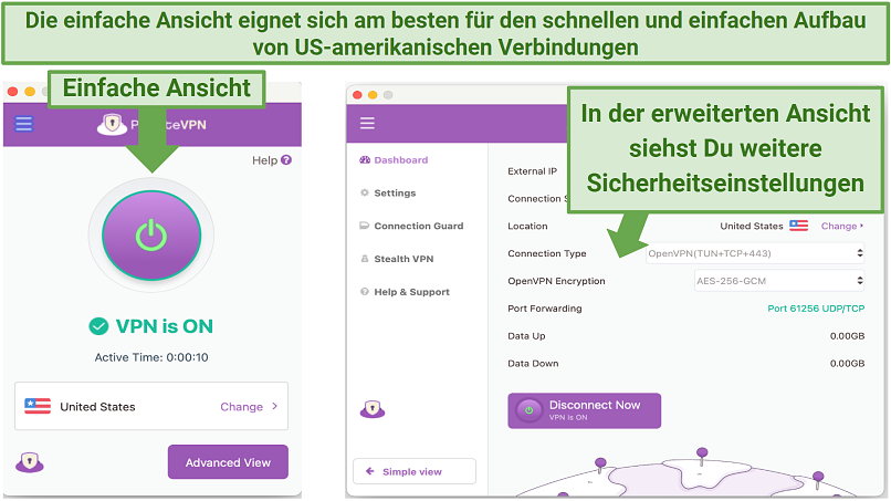 Screenshot showing PrivateVPN's Simple and Advanced views