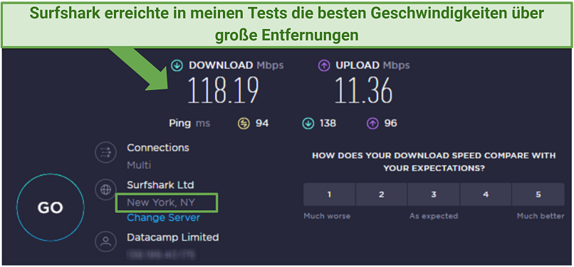 speed test result from Surfshark's New York server