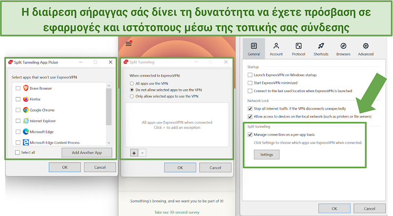 Screenshot of ExpressVPN split tunneling features on Android and Windows apps