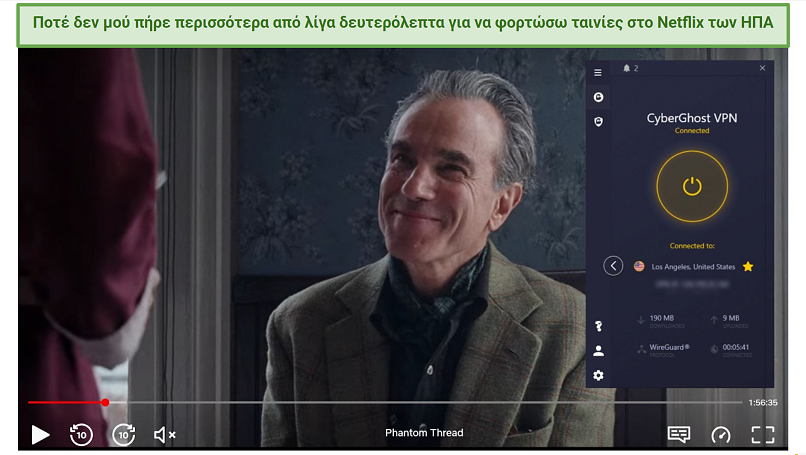 Screenshot of Netflix player streaming Phantom Thread while connected to CyberGhost VPN