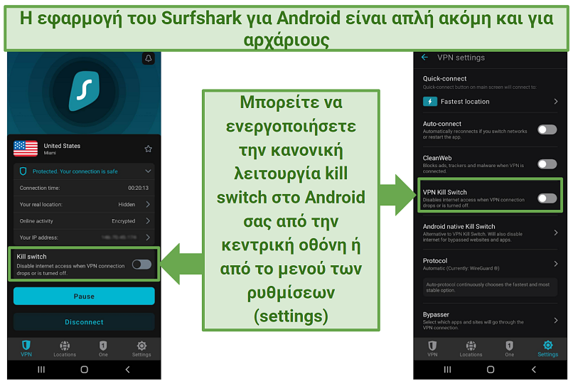 A screenshot of Surfshark's Android app showing the kill switch option on the main screen and in the Settings menu