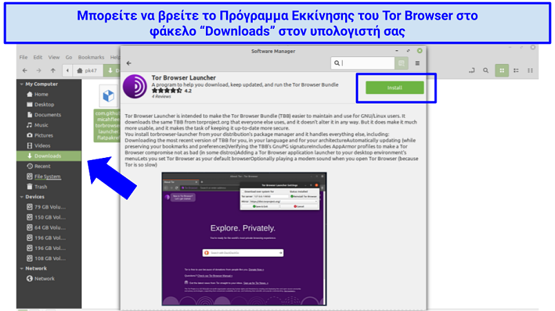 Screenshot showing how to locate the Tor Browser Launcher within Linux under 