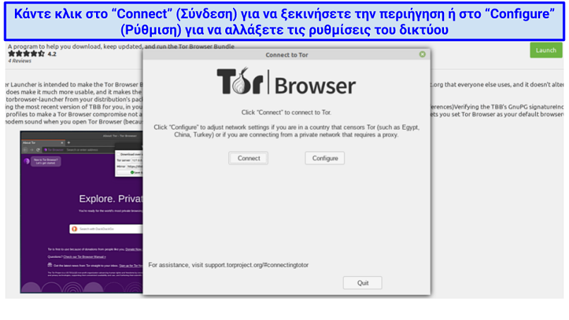 Tor on Linux, prompting the user to either connect to begin browsing or configure the app's network settings