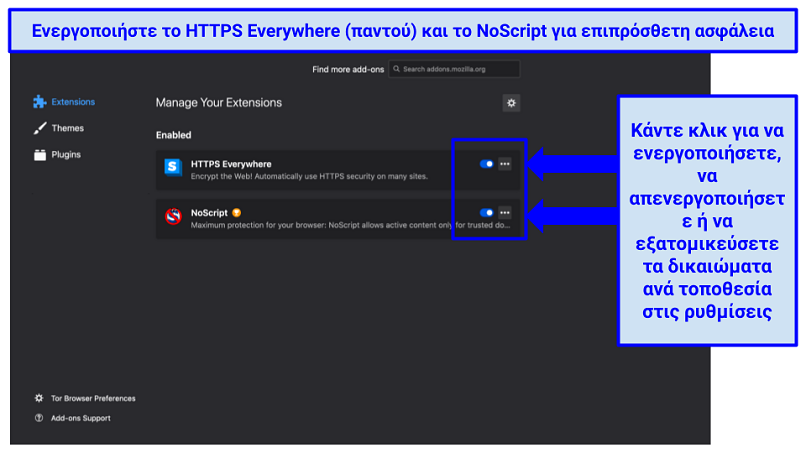 Tor's extension preferences, indicating how to enable, disable, and manage HTTPS Everywhere and NoScript