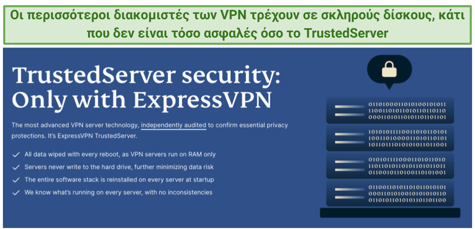 Screenshot showing ExpressVPN's TrustedServer Technology webpage on its website.