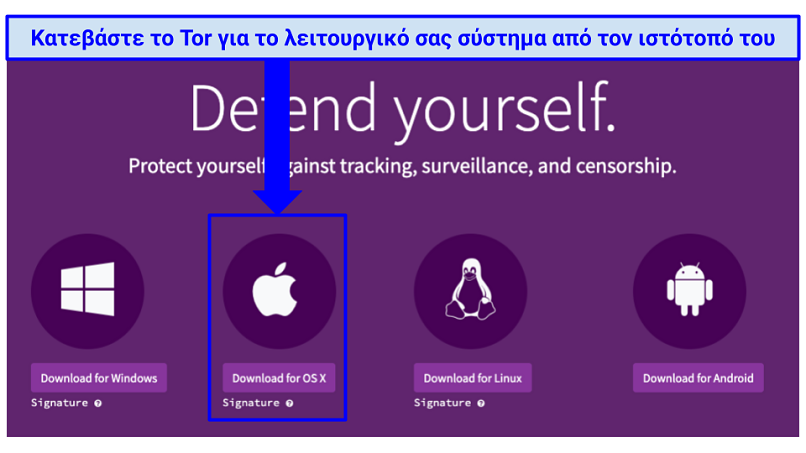 The Tor download webpage with indication of where to click to download Tor for OS X