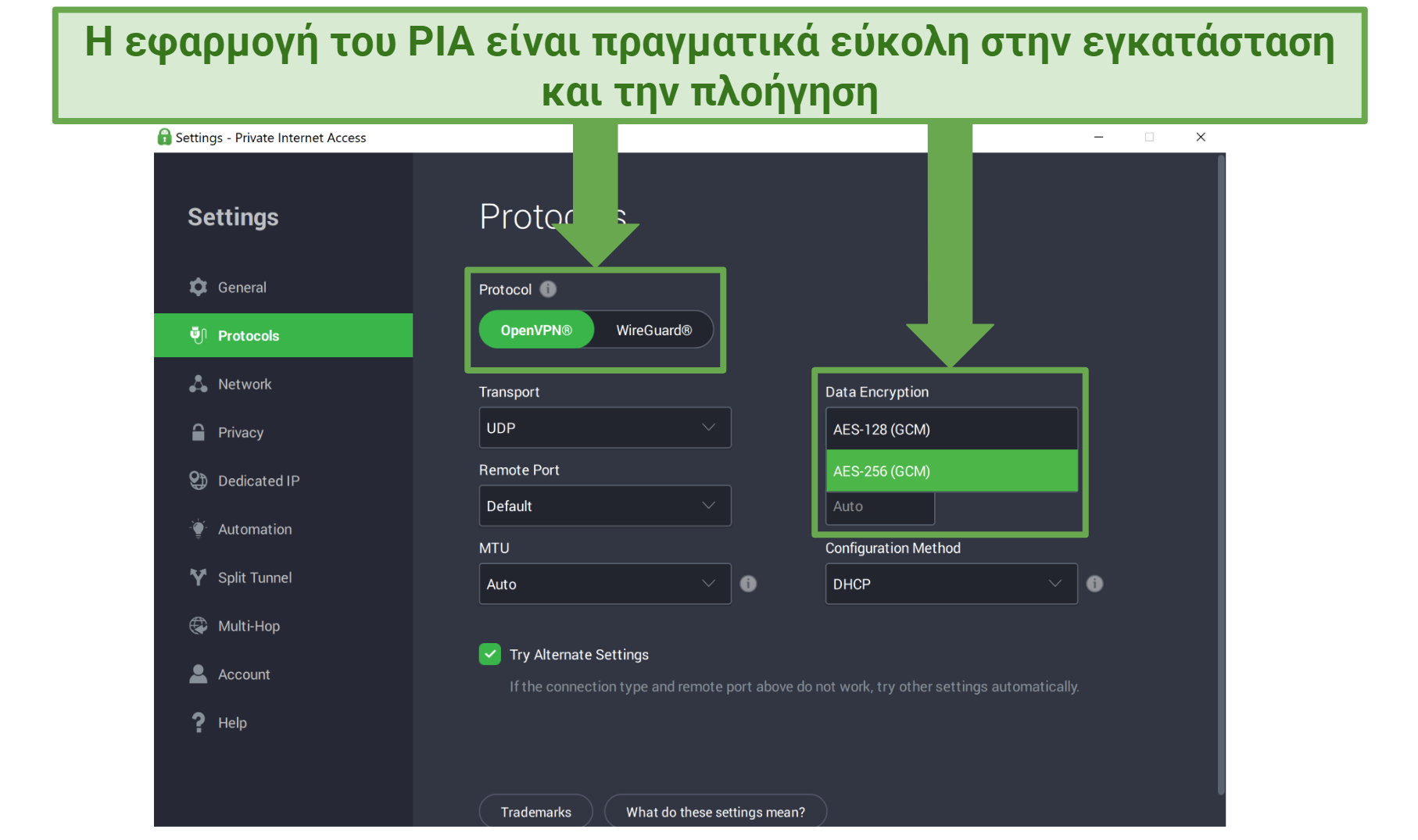 Screenshot of PIA's app showing the customizable settings