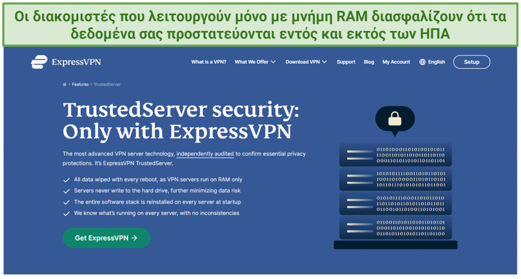 Screenshot from ExpressVPN's website explaining how its RAM-based servers protect your data