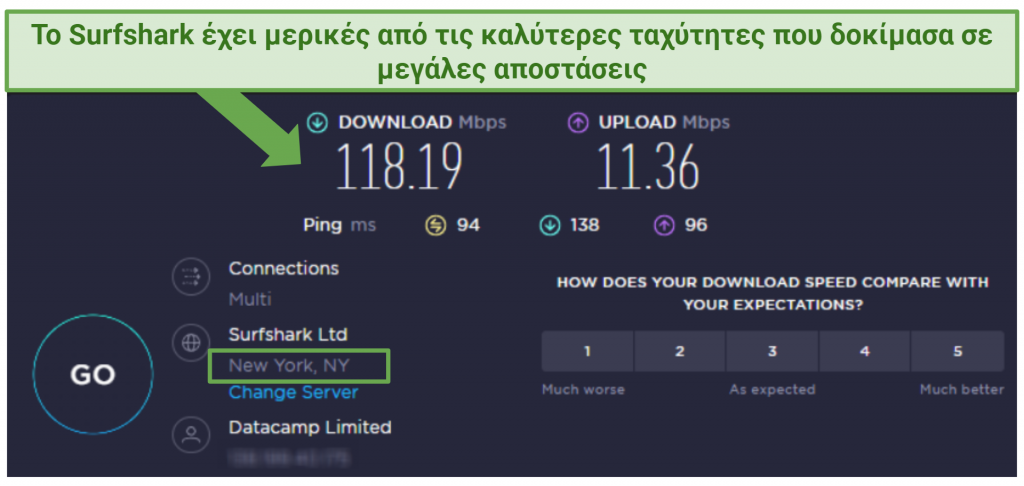 speed test result from Surfshark's New York server
