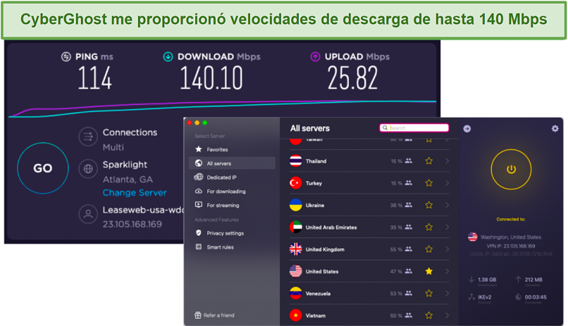 screenshot of VPN speed test with CyberGhost's UI visible