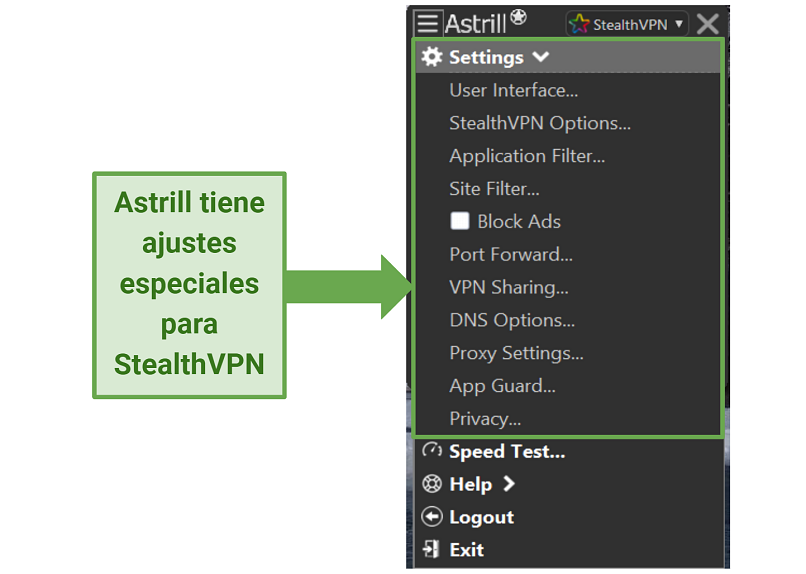 A screenshot showing Astrill's settings for StealthVPN