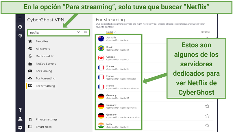 Screenshot displaying a list of CyberGhost's Netflix-optimized servers