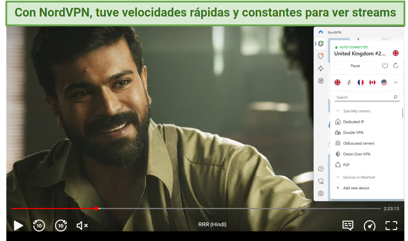 A screenshot of RRR playing on Netflix while connected to one of NordVPN's UK servers