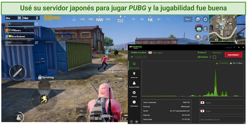 A screenshot of IPVanish working with PUBG Mobile