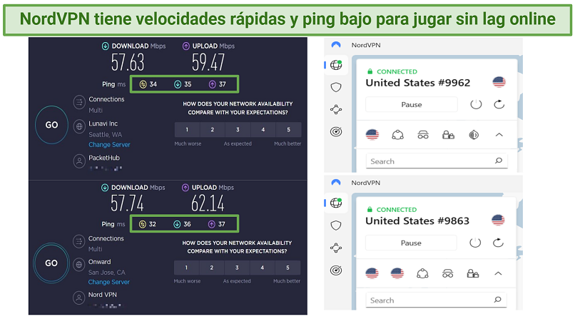 Screenshot showing NordVPN's speed test results