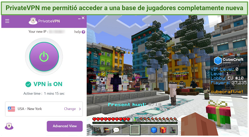 Screenshot of PrivateVPN working with Minecraft