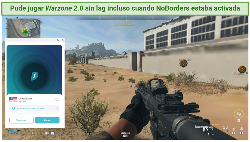 a screenshot of Warzone 2.0 gameplay with Surfshark connected