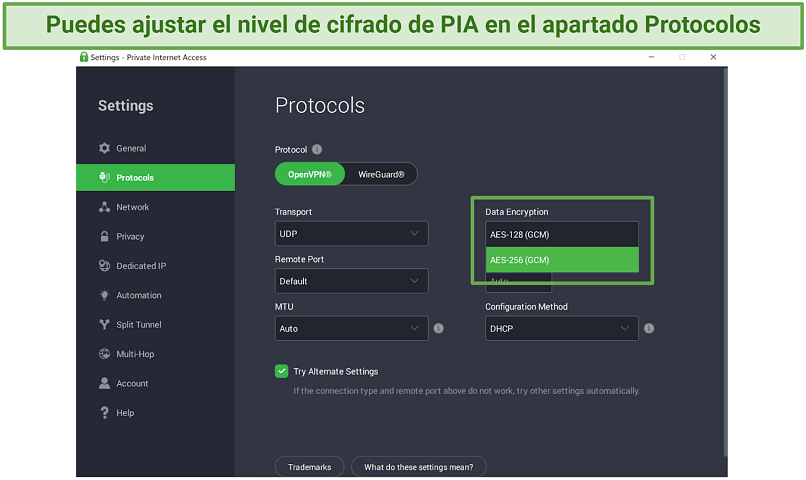 Screenshot of PIA's Windows app showing the protocol settings