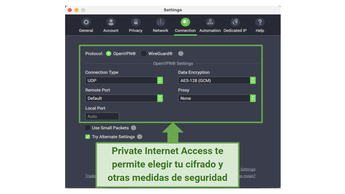 Graphic showing PIA security settings