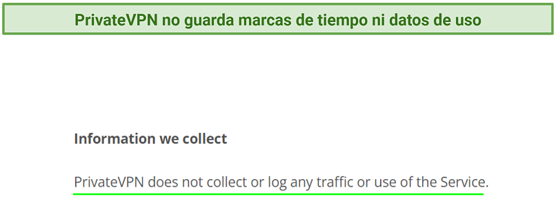 Screenshot of PrivateVPN's privacy policy highlighting the information it collects