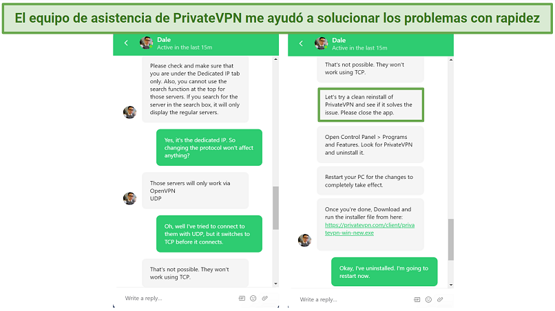 Screenshot of PrivateVPN live chat where the live agent told me to reinstall the app to fix dedicated IPs