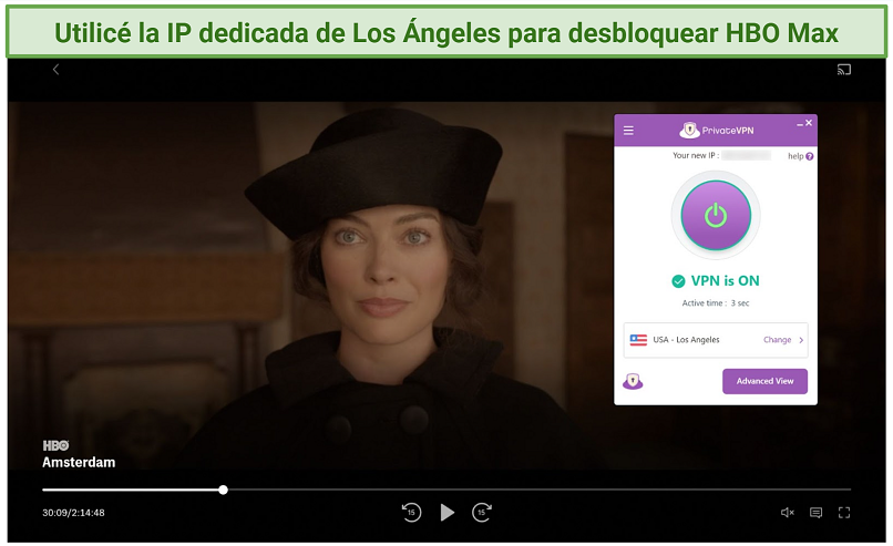 Screenshot of HBO Max player streaming Amsterdam while connected to PrivateVPN