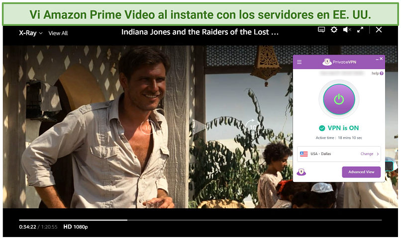 Screenshot of Amazon Prime Video player streaming Indiana Jones: Raiders of the Lost Ark while connected to PrivateVPN